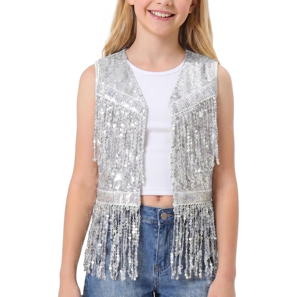 image:imageNoomelfish Girls Sequin Fringe Vest Sleeveless Tassel Sparkly Cowgirl Western Jacket Cardigan 514 YearsSilver